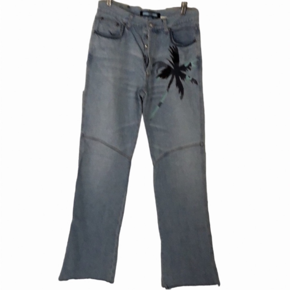 Roberto Cavalli Jeans size 32 blue button front Palm tree appliqué frayed hem